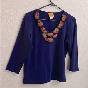 Ruby Rd navy embellished top 3/4 sleeve petite medium tan orange